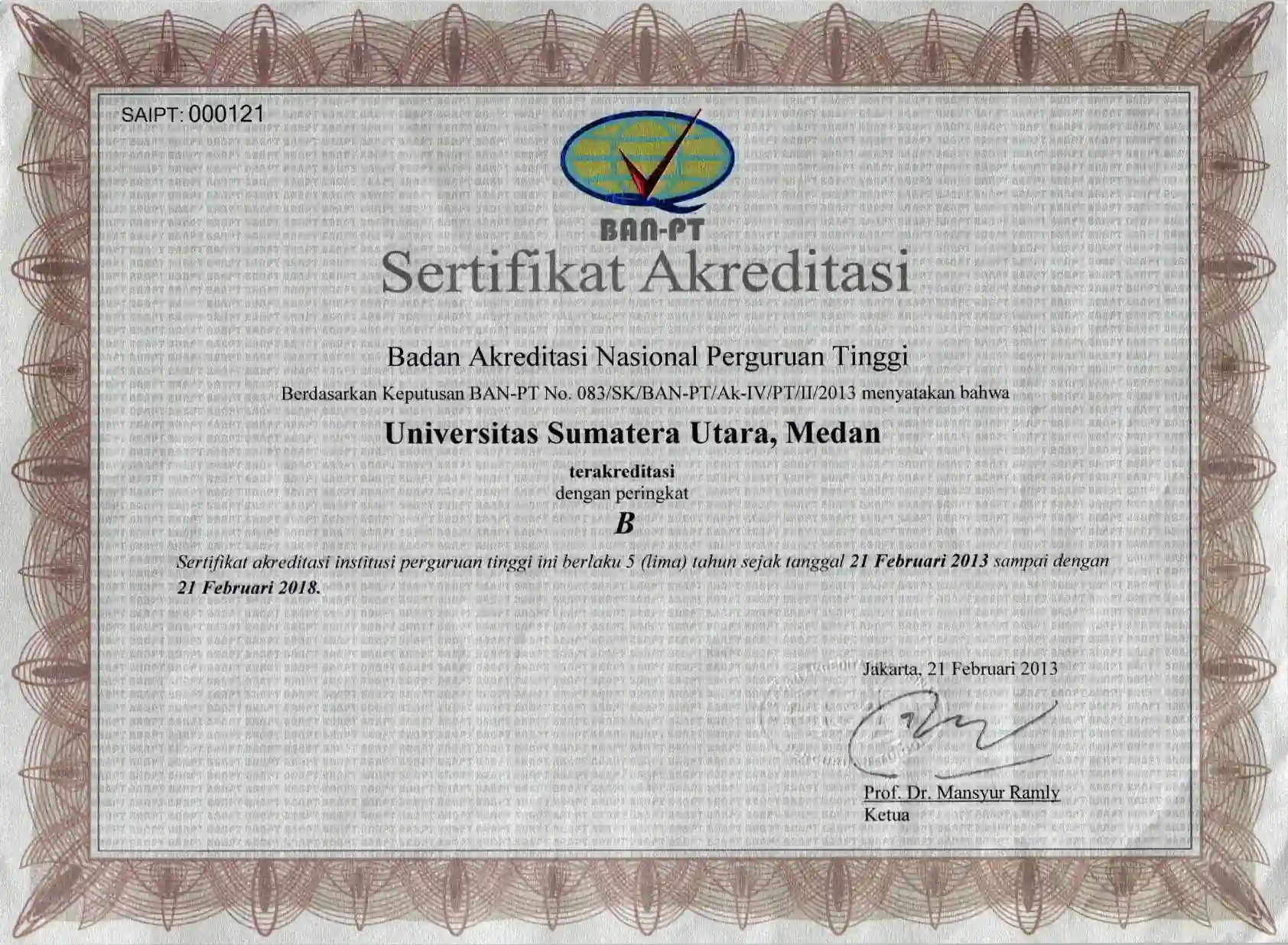sertifikat USU terakreditasi B 2013 sampai 2018